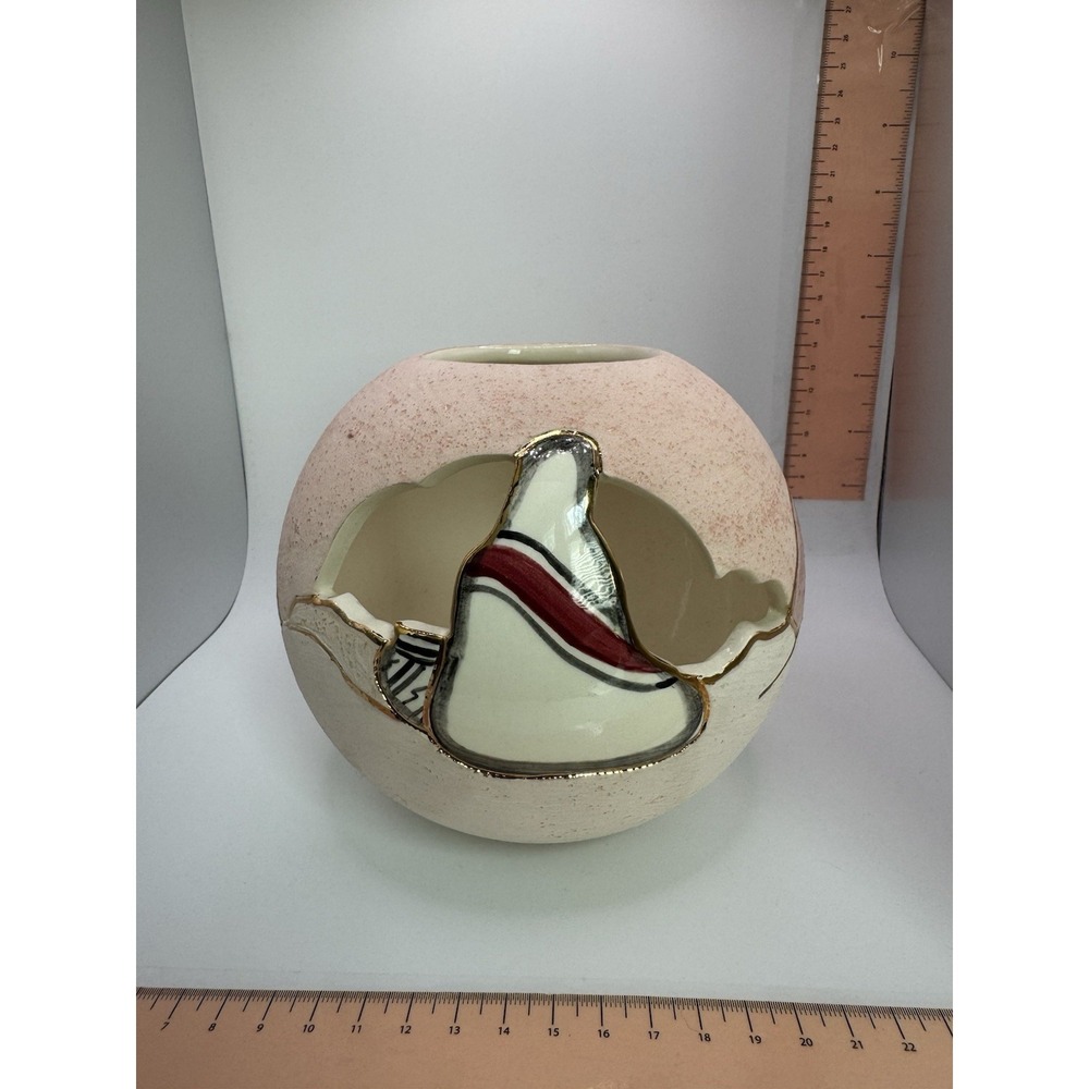 Vera Russell Signed Southwestern Pottery Vase 22k Gold Inlay Cut-out Textured
